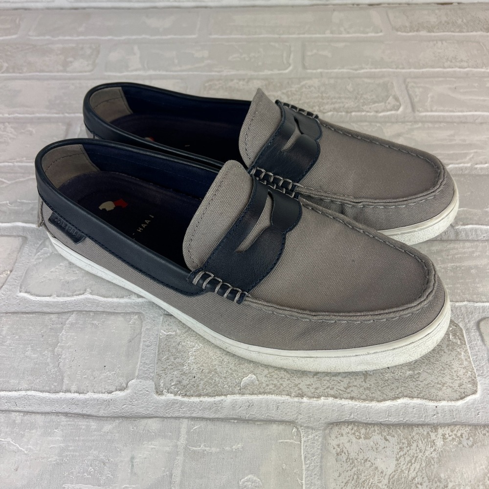 Cole Haan Penny Loafers Mens 8.5 Gray Navy Nantucket Canvas Leather Slip On Shoe